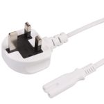 IEC C7 Fig 8 2 Pin Mains Power Cable Metre Lead UK Plug, White Figure 8