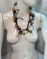 Jianhui London Necklace Round Gold Beads on Black Leatherette Chain