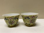 2 Antique Chinese Porcelain Yellow/Turquoise/Pink Famile Rose Tea Cups Red Mark