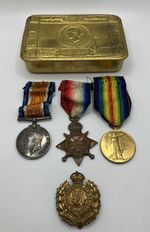 WW1 Trio Medal Group Carson 90032 Royal Engineers Christmas Tin / RE Cap Badge