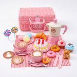 Kids Wicker Picnic Basket Hamper Play Food Tea Set for Toddlers Role Play Toy