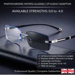 Photochromic Myopia Glasses Luxury Diamond Cut Rimless UV400 Short Sight Eyewear