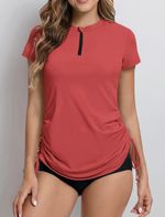 Havideto Women Rash Vest Short Sleeve Zip  UV Swim Top Quick Dry  Adjustable red