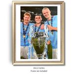 Erling Haaland, De Bruyne, Foden Hand Signed CL Trophy Photo PSA Approved, COA