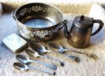 MIDLAND RAILWAY HOTEL TEAPOT WITH EARLY WALKER & HALL ?  BOWL ETC LOT