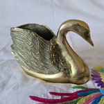 Vintage Heavy Brass Swan Planter Ornament 850g Detailed Feather Design 17cm