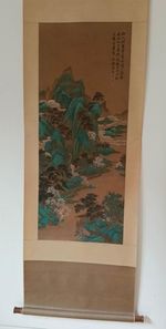 Japanese Hanging Scroll Art Painting "Sansui Landscape" Antique Kakejiku