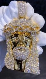 Real Moissanite 3Ct Round Cut Jesus Face Pendant 14k Yellow Gold Plated 2 Inch