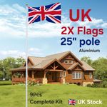 25FT Aluminium Flagpole Kit Adjustable Telescopic Flag Pole 2X UK Flag Outdoor