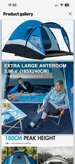 Dome Camping Tent 4 Person with Anteroom & Mesh Screen, Blue/Grey, 180 cm