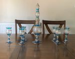 Blue & Clear Decorative Glass Decanter Set with 6 Matching Stemmed Glasses