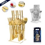 24PC CUTLERY DINNER SET STAINLESS STEEL METAL STAND RACK FORKS TEA SPOONS POLISH