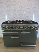 FALCON DELUXE 110CM DUAL FUEL RANGE COOKER IN NATO GREEN AND GOLD. Ref--ED392