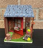 Miniature Cottage/fairy  Door & Front Porch Scene, Painted Flowers, Wood/Metal