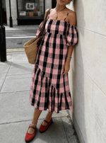 Collusion Womens Off The Shoulder Midi Dress In Pink Check RRP £35.99