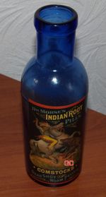ANTIQUE LARGE  COBALT  PILLS BOTTLE -NICE PICTORIAL  INDIAN ROOT PILLS LABEL