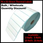 76mm x 25mm Direct Thermal Labels 2500 Per Roll - Zebra 800263-105 Equivalent