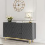 Sideboard Cabinet Diamond Pattern 3 Drawers 2 Doors Grey Gold Legs Storage 140cm