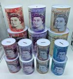 Money Box Tin £5 £10 £20 £50 Pound Note Design Kids Saving Cash PIggy Bank Box N