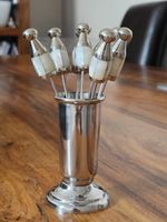 Vintage Art Deco Chrome ONYX Mother PEARL Cocktail Sticks x 8 CHROME Bar GIFT