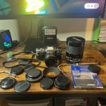 Olympus OM10 35mm Film Camera + adapter With 2 Lenses And Flash Working Order