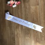 Baby shower sash Prince Or Princess? for Mummy To Be White Sash Gold text