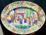 ANTIQUE 19thC CHINESE CANTON EXPORT ROSE MANDARIN PORCELAIN OVAL PLATTER 12.6"