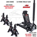 3 TONNE LOW PROFILE TROLLEY JACK & 4 AXLE STANDS CAR GARAGE PORTABLE TOOL SET