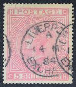 GB SG134 1867 QV 5/- Rose, Plate 4, Wmk Anchor, P14, CH, Fine Used, Cat £2000