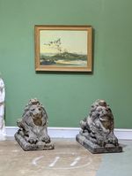 Pair of Vintage Lion Statues Weathered Garden Ornaments Antique Concrete Stone 
