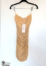 Oh Polly Ruched Rhinestone Mesh Bodycon Midi Dress Beige Size 10