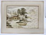 Antique Japanese Silk Embroidery Art Mount Fuji Brown Green Gold Silver Unglazed