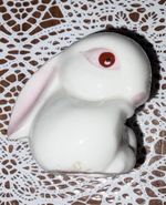 VTG Miniature White Ceramic Bunny Rabbit Figurine Red Eye Pink Ears Japan Style