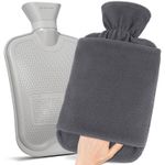 Hot Water Bottle 2L, Fleece Cover, Hand Pocket, Leakproof, Grey