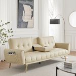 Lora Sofa Bed 3 Seater Faux Leather Click Clack with 2 Cup Holders - Beige