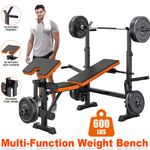 600LBS 6 in 1 Adjustable Weight Bench, Folding Workout Bench Set w/ Barbell Rack
