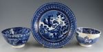 Antique Pottery Pearlware Blue Transfer Teaware Group Bird, Milkmaid, Horse 1825