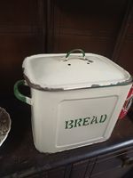 Vintage 30s 50s ? Enamel Bread Bin with Lid - White with green  country kitchen 