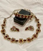 1950's Lisner parure rhinestone amber and ab goldtone Bookpiece of same was blue