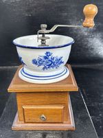 Traditional Vintage Coffee Grinder With Ceramic Blue & White Bowl Working Order