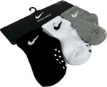 Nike Toddler 3 Pk Black White Grey Ankle Cotton Swoosh Gripper Sock Set 2-4 Yrs