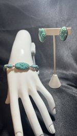 Vintage Monet Oval Aqua Carved Flowers Tennis Silver-Tone Bracelet & Earring Set