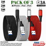 For iPhone Charger Cable Heavy Duty Braided USB Charging Lead Data Sync 1M 2M 3M
