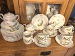 Lucky Porcelain Dragon Tea Set White Gold w/ Teapot, Cups & Saucers, Lid