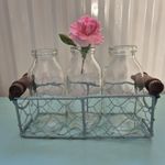 Unusual quirky rustic cottagecore blue wire basket with 3 tiny bottles/vases
