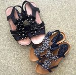 Women’s Black Strappy Flat Sandals UK 4 Beaded Adjustable Hook & Loop