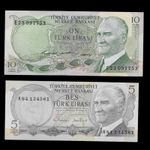 Turkey Banknotes 5 & 10 Turk Lirasi UNC Uncirculated Vintage Turkish Paper Money