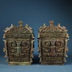 A pair of exquisite bronze square vessels