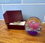 Decorative Art Glass Paperweight Orb Clear Purple Base Pink Swirl Design