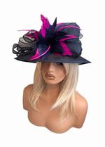 Women’s Navy Sinamay Fascinator Hat Pink Feather Flower Trim Wedding One Size
